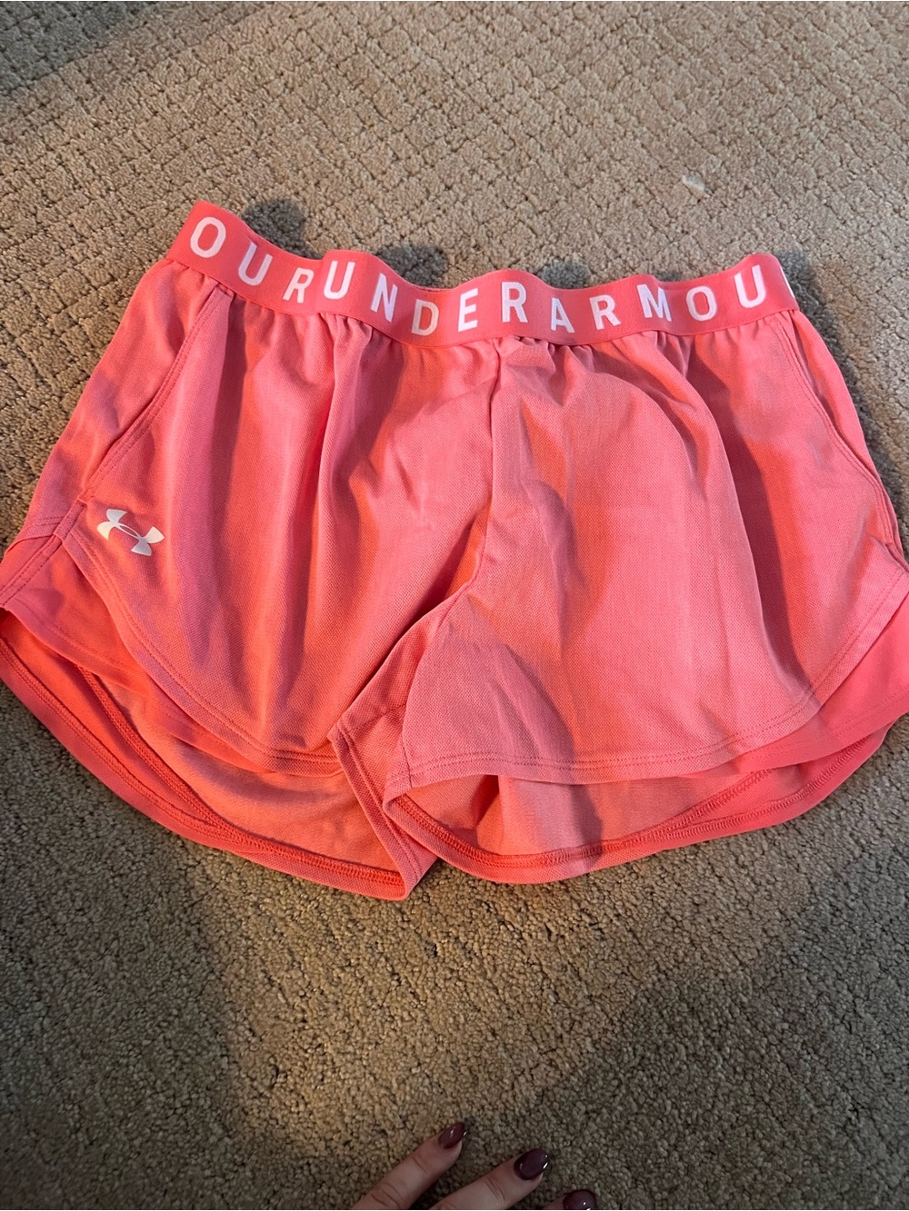 Under Armour Women's Coral Pink Athletic Shorts with Logo Waistband